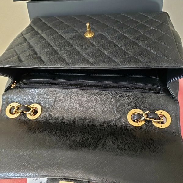 $9000 CHANEL Classic single Flap Bag Black caviar jumbo 24k gold plated hw