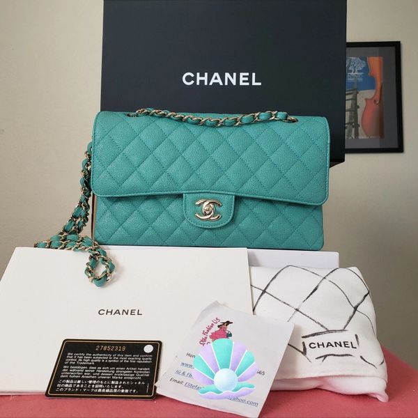 Chanel Small Classic Quilted Flap Mint Green Caviar Gold Hardware