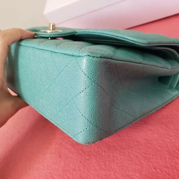 CHANEL Flap Classic Medium turquoise green caviar bag gold hardwa