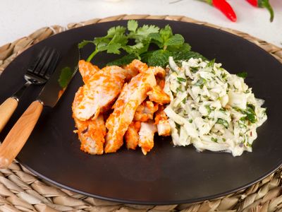 Keto approved pre-packaged Spicy Buffalo Chicken with Asian Slaw 