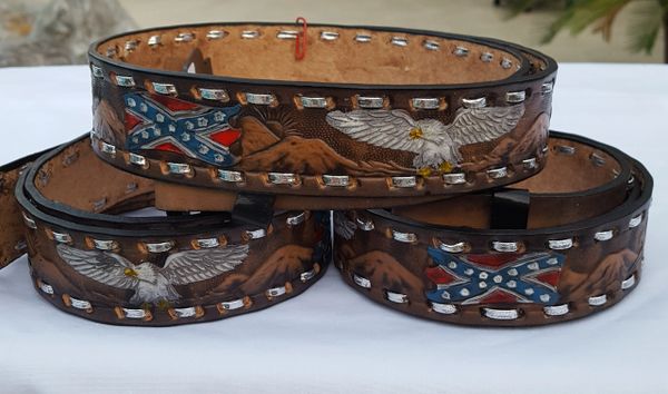 Rebel Flags & Eagles Leather Belt