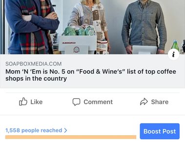 Article featuring three people promoting a coffee shop.