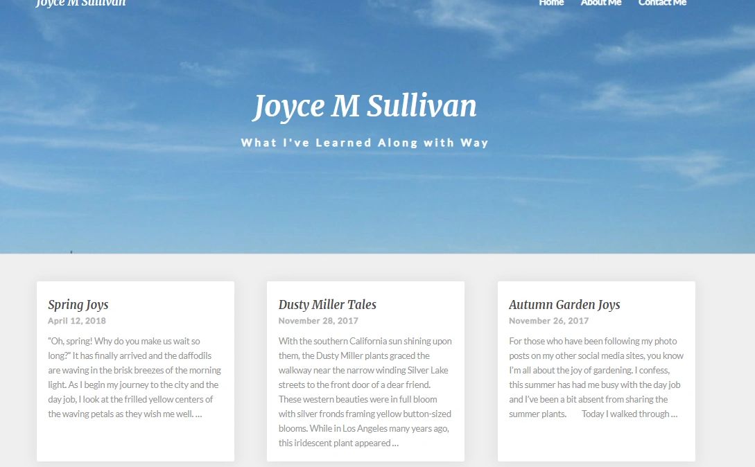 Blog homepage featuring Joyce M Sullivan's writings on nature and personal reflections.