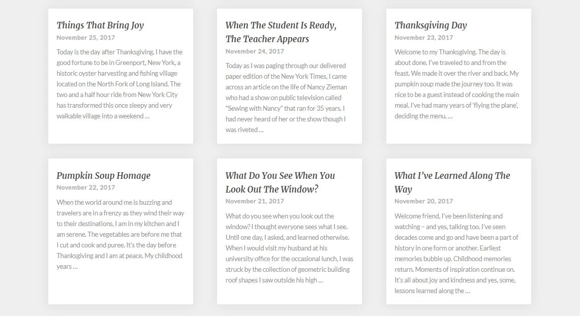 Six blog post previews with titles and dates from November 2017.