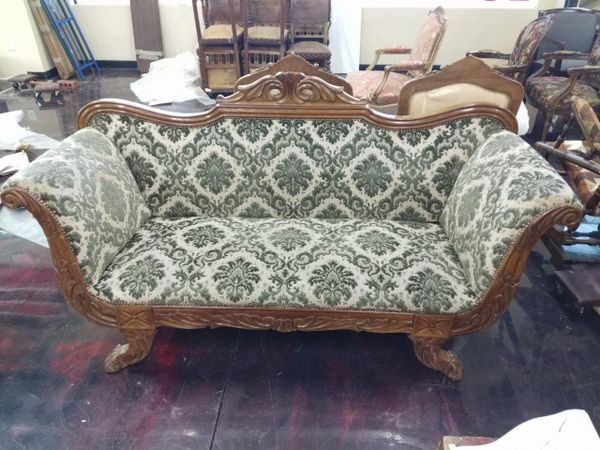 Chippendale Victorian Style Wingback Green Upholstered Antique Sofa