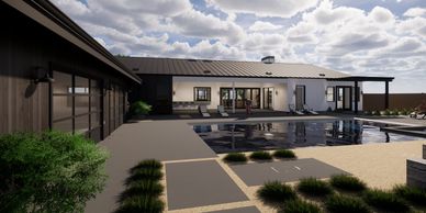 3D rendered backyard view of a modern farmhouse design in the City of Sonoma