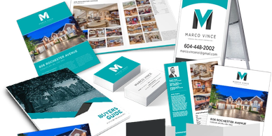 Real estate branding materials with photos and logos.