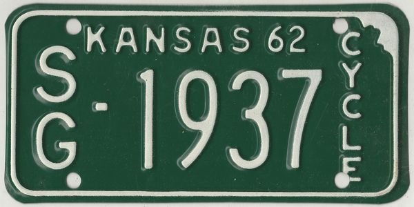 Kansas 1962 Motorcycle License Plate Sedgwick Co Sg 1937 Kansas License Plates