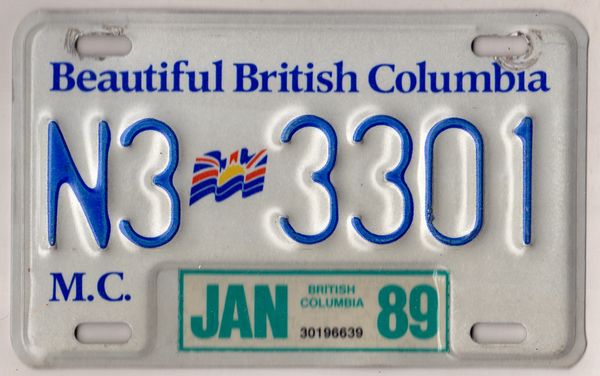 Canada British Columbia 1989 motorcycle license plate #N3-3301 | Kansas