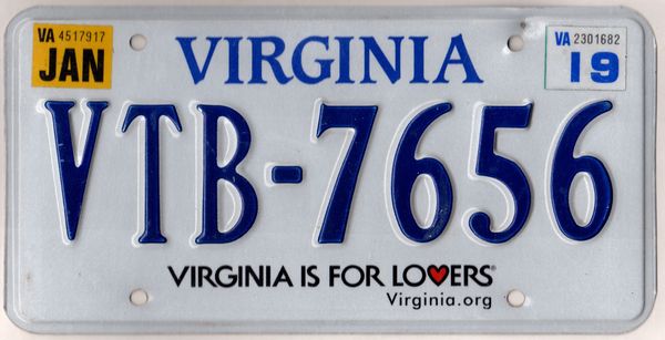 Virginia 2019 car license plate #VTB-7656 | Kansas License Plates