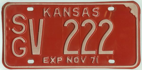 Kansas 1971 Car License Plate Sedgwick Co Sg V 222 Kansas License Plates