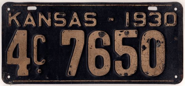 Kansas 1930 car license plate Crawford county 4-7650 