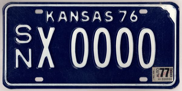 Kansas 1977 sample license plate #SN X-0000 | Kansas License Plates