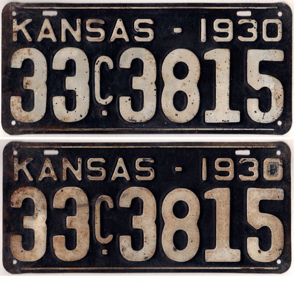 Kansas 1930 car license plate pair Barton county #33-3815 | Kansas ...