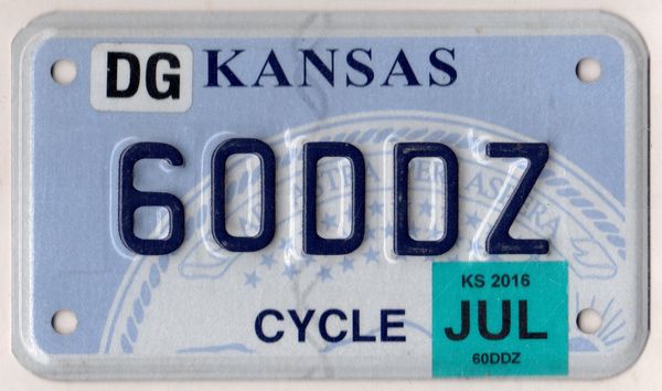 Kansas 2016 motorcycle license plate Douglas county #60DDZ | Kansas