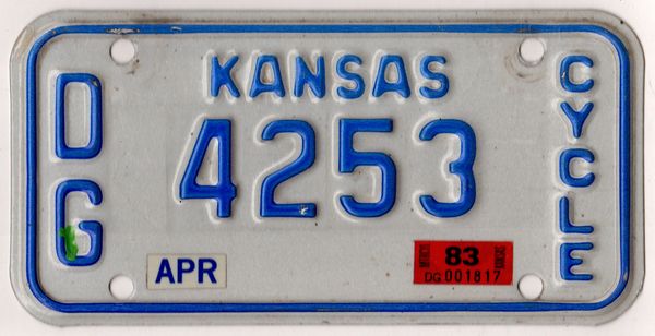 Kansas 1983 motorcycle license plate Douglas county #DG-4253 | Kansas