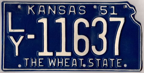 Kansas 1951 car license plate Lyon county #LY-11637 | Kansas License Plates