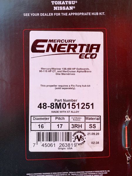 New Mercury Enertia Eco propeller 48-8M0151251 17 pitch RH