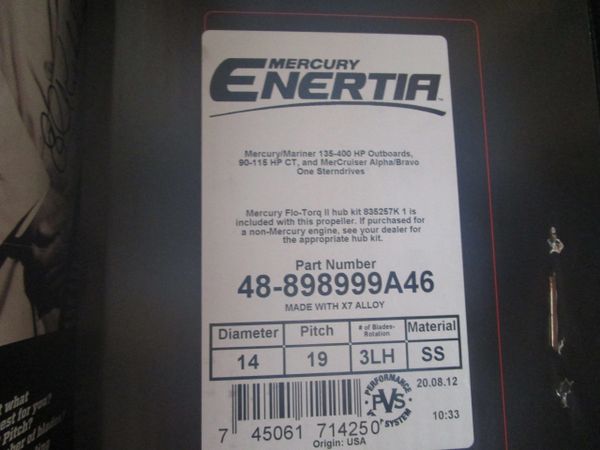 New Mercury Enertia 19 pitch LH propeller 48-898999A46