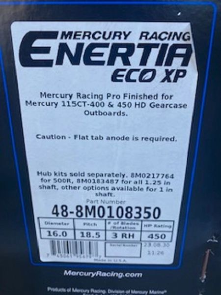 New Mercury Enertia Eco XP propeller 48-8M0108350 18.5 pitch RH