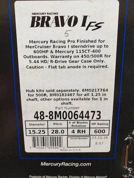 New Mercury Bravo I FS 28 pitch RH 48-8M0064473