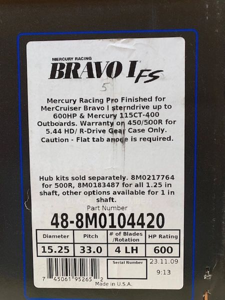 New Mercury Bravo I FS 33 pitch LH 48-8M0104420