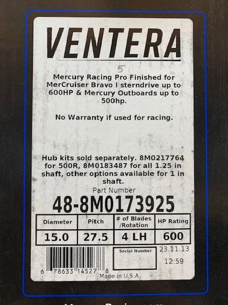 New Mercury Ventera 27.5 LH propeller 48-8M0173925