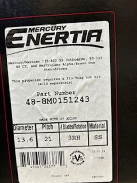 New Mercury Enertia 21 pitch propeller 48-8M0151243 RH