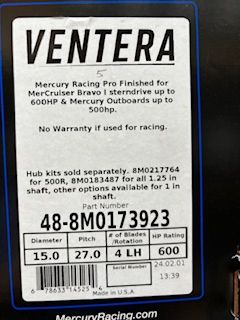 New Mercury Ventera 27 pitch LH propeller 48-8M0173923