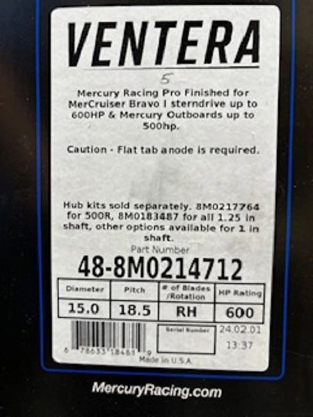 New Mercury Ventera 18.5 pitch RH propeller 48-8M0214712