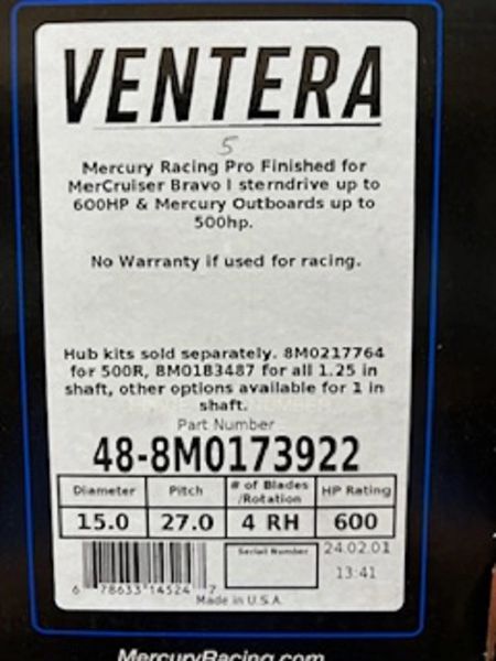 New Mercury Ventera 27 pitch RH propeller 48-8M0173922