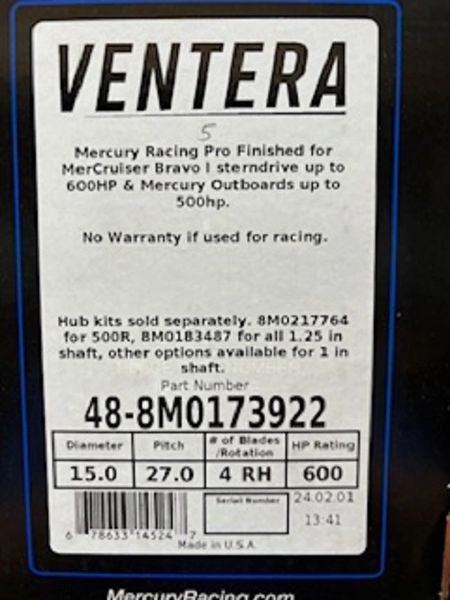 New Mercury Ventera 27 pitch RH propeller 48-8M0173922