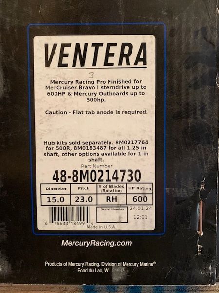New Mercury Ventera 23 pitch RH Propeller 48-8M0214730