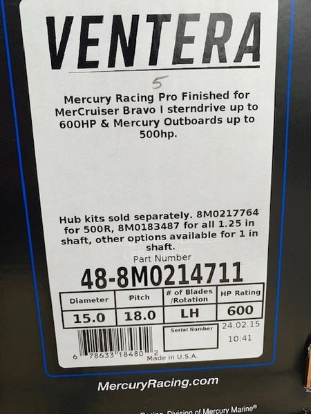New Mercury Ventera 18 pitch LR propeller 48-8M0214711