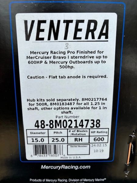 New Mercury Ventera 25 pitch RH propeller 48-8m0214738