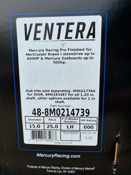 New Mercury Ventera 25 pitch LH Propeller 48-8M0214739