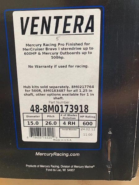 New Mercury Ventera 26 pitch propeller 48-8m0173918