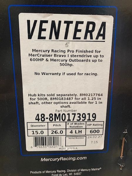 New Mercury Ventera 26 pitch LH propeller 48-8M0173919