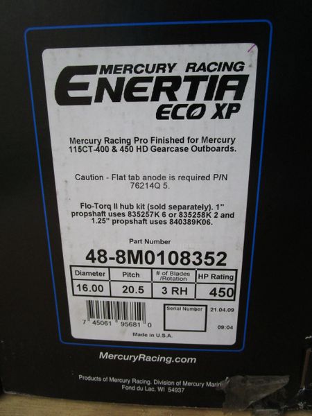 New Mercury Enertia Eco XP propeller 20.5 pitch RH 48-8M0108352