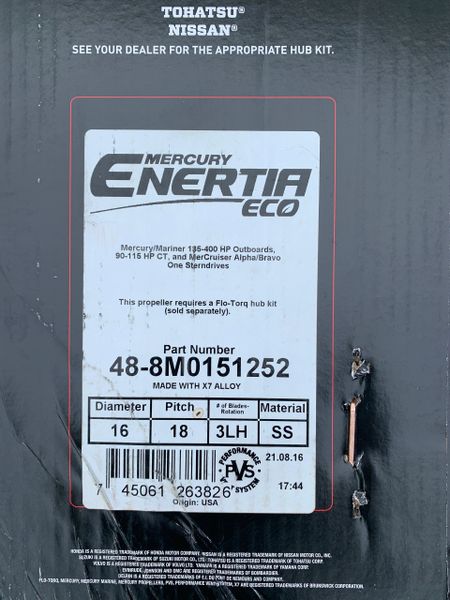 New Mercury Enertia Eco propeller 48-8M0151252 18 pitch left hand