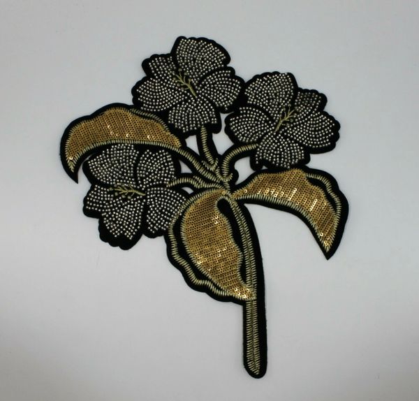 Sequin and Beaded Patch: Silver Flowers and Gold Leaves