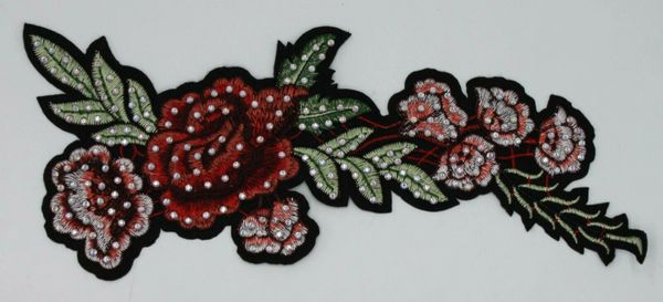 Embroidery Patch: Flowers and Leaves with Rhinestones