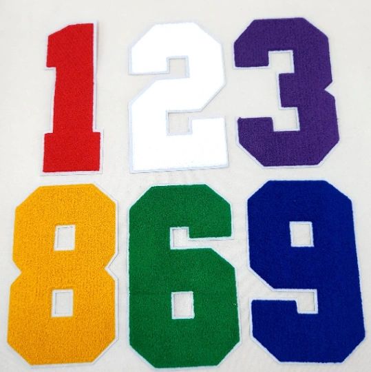 8" Chenille Numbers w/White Background: Pick Your # / Color