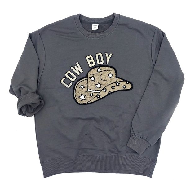 Chenille and Embroidery Cowboy with Hat Crewneck Sweatshirt Hoodie Pullover