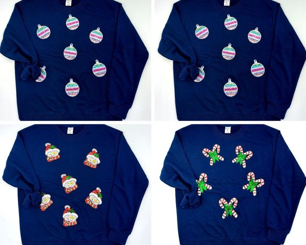 Sequin Cute Snowmen Candy Cane Ornaments Christmas Trees Overall Scatter Crewneck Sweatshirt Hoodie Pullover