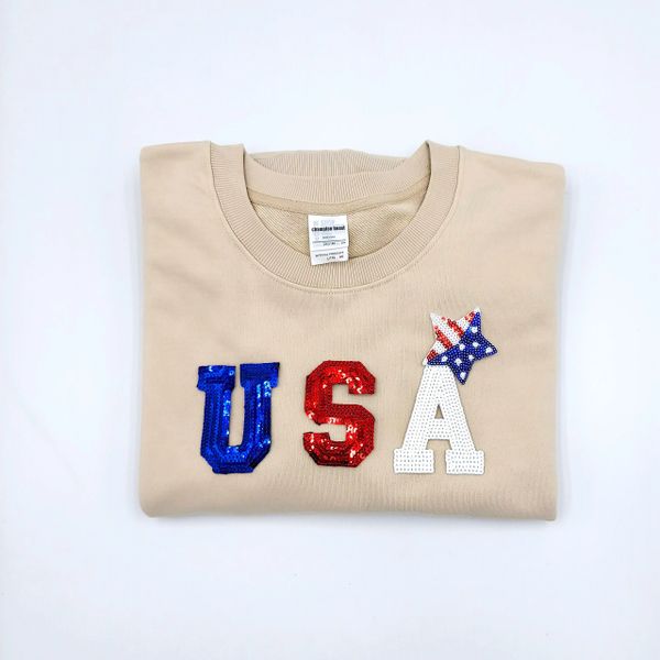 Sequin and Embroidery USA with Star and Flag Patriotic Fourth of July Crewneck Sweatshirt Hoodie Pullover