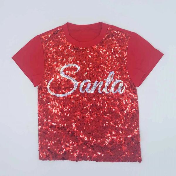 Child Sequin Shirts Red and Silver Santa