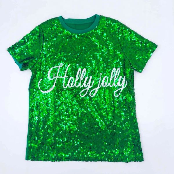 Adult Sequin Shirts Green and White Holly Jolly