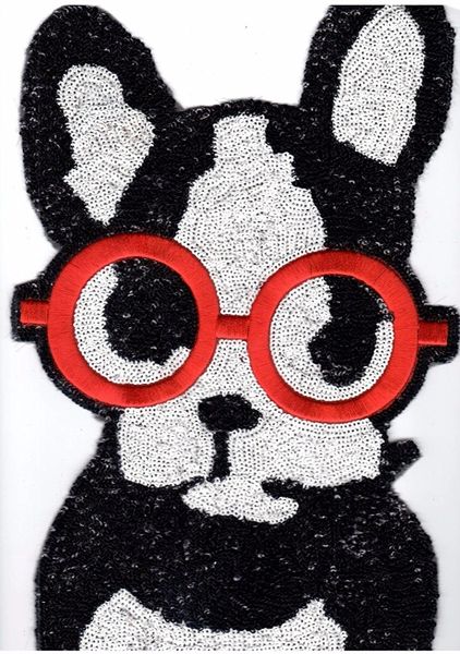 Sequin and Embroidery Patch: Glasses Wearing Boston Terrier - M149