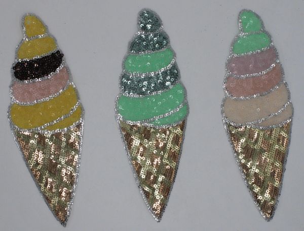 Three Colorful Ice Cream Cones: Sequin Patches